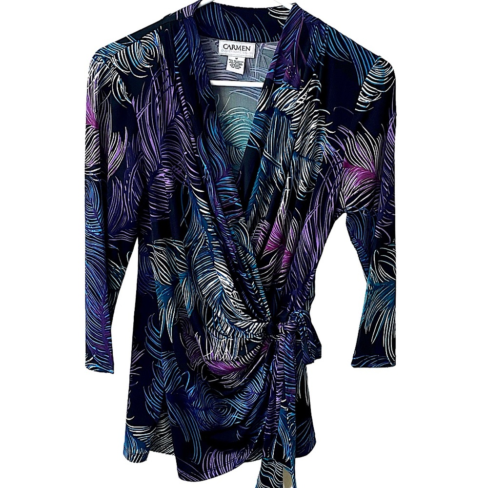 Carmen M wrap with front tie, leaves pattern, multi-colored